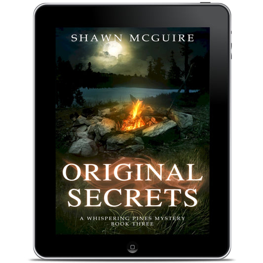 E-book cover on e-reader of Shawn McGuire's cozy murder mystery with a campfire by a lake at night with a full moon in the sky.