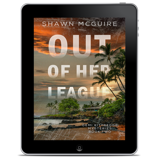 E-book cover on e-reader of Shawn McGuire's murder mystery with a compound of buildings on a tropical beach.