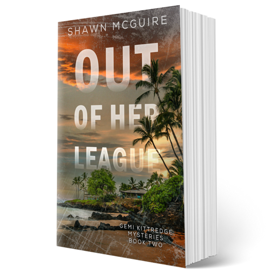Cover of Shawn McGuire's murder mystery with a compound of buildings on a tropical beach.