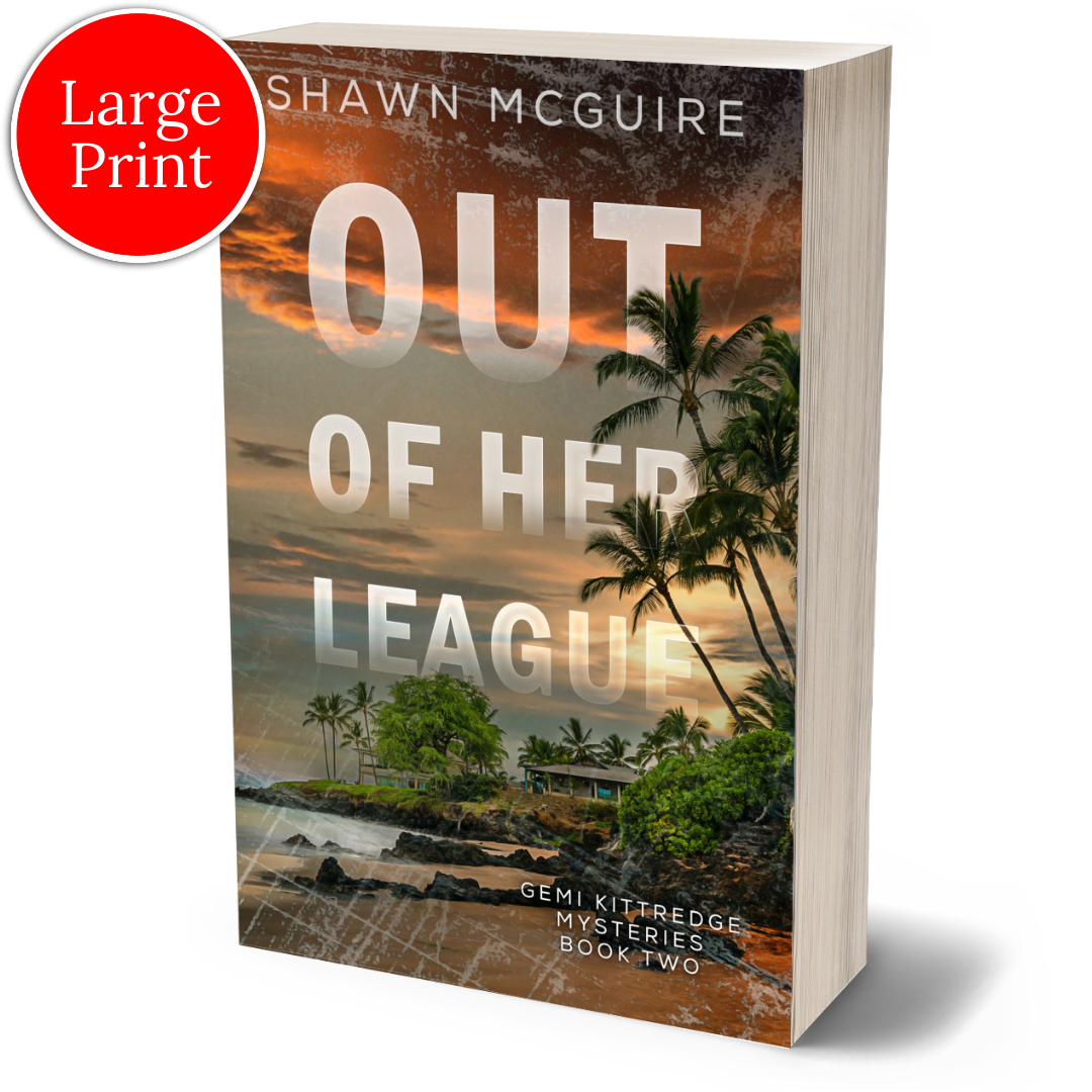Large print paperback cover of Shawn McGuire's murder mystery with a compound of buildings on a tropical beach.