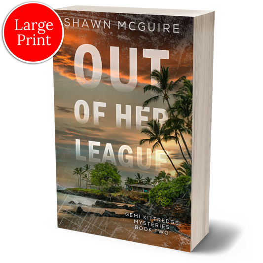 Large print paperback cover of Shawn McGuire's murder mystery with a compound of buildings on a tropical beach.