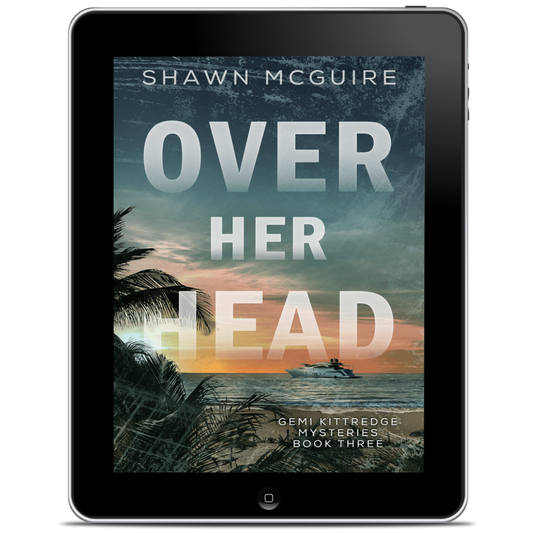 E-book cover on e-reader of Shawn McGuire's murder mystery featuring a view from the beach of a yacht on the ocean.
