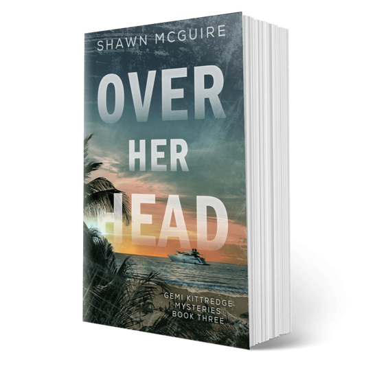 E-book cover on e-reader of Shawn McGuire's murder mystery featuring a view from the beach of a yacht on the ocean.