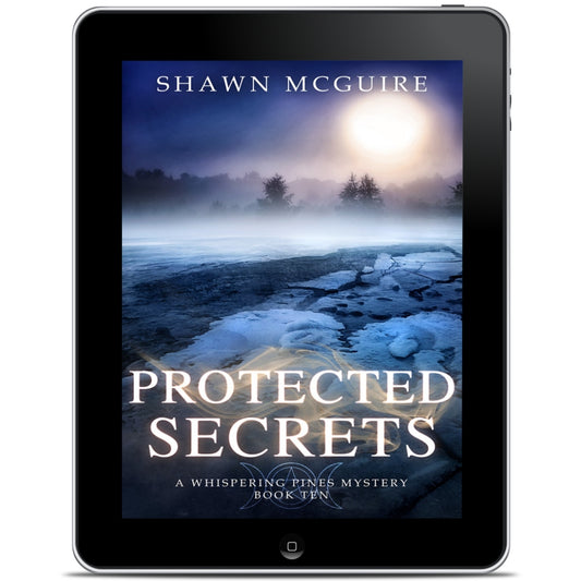 E-book cover on e-reader of Shawn McGuire's cozy murder mystery with a lake in early spring with the ice breaking up implying danger.
