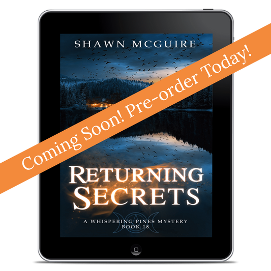 Digital book cover of 'Returning Secrets' by Shawn McGuire on a tablet screen with pre-order banner.