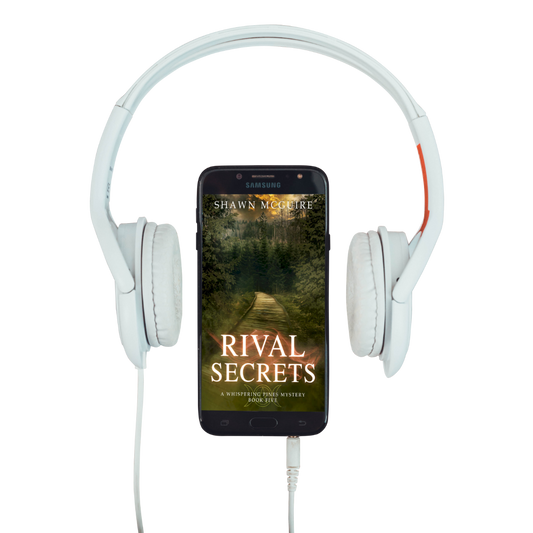Audiobook cover on cellphone of Shawn McGuire's cozy murder mystery with a wood pathway leading into a dark, dangerous forest.