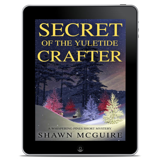 E-book cover on e-reader of Shawn McGuire's cozy murder mystery holiday novella featuring different colored Christmas trees in a snowy forest.