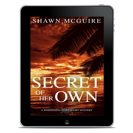 E-book cover on e-reader of Shawn McGuire's cozy murder mystery novella featuring palm trees and an ominous sunset over the ocean.