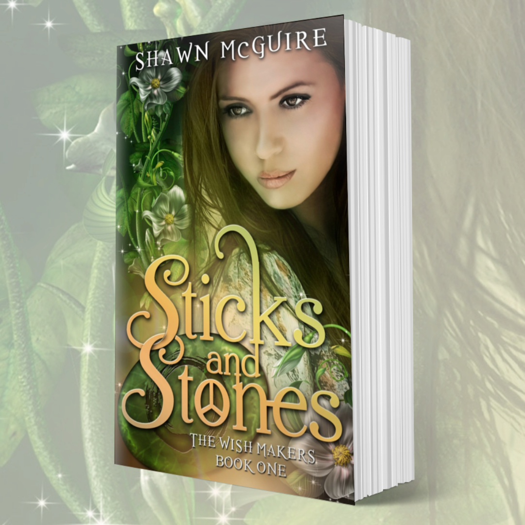 Cover of Shawn McGuire’s young adult fantasy genie wishes featuring green vines, and emerald stone, a teenage girl with dark hair.