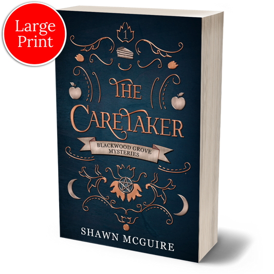Cover of Shawn McGuire’s witch cozy paranormal midlife mystery series blue background with scrollwork and apples, moons, and slice of pie icons.