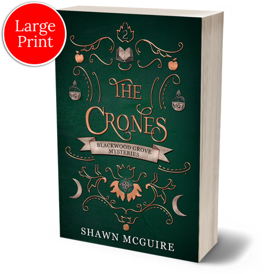 Large print cover of Shawn McGuire’s witch cozy paranormal midlife mystery series green background with scrollwork and grimoire, moons, and potion bottles icons.