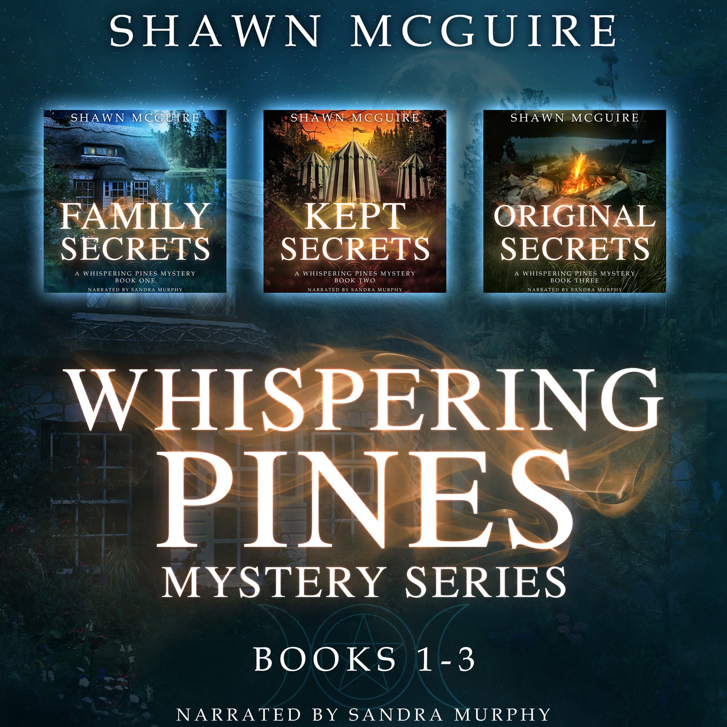 'Whispering Pines' mystery series audiobooks 1-3 by Shawn McGuire, narrated by Sandra Murphy.