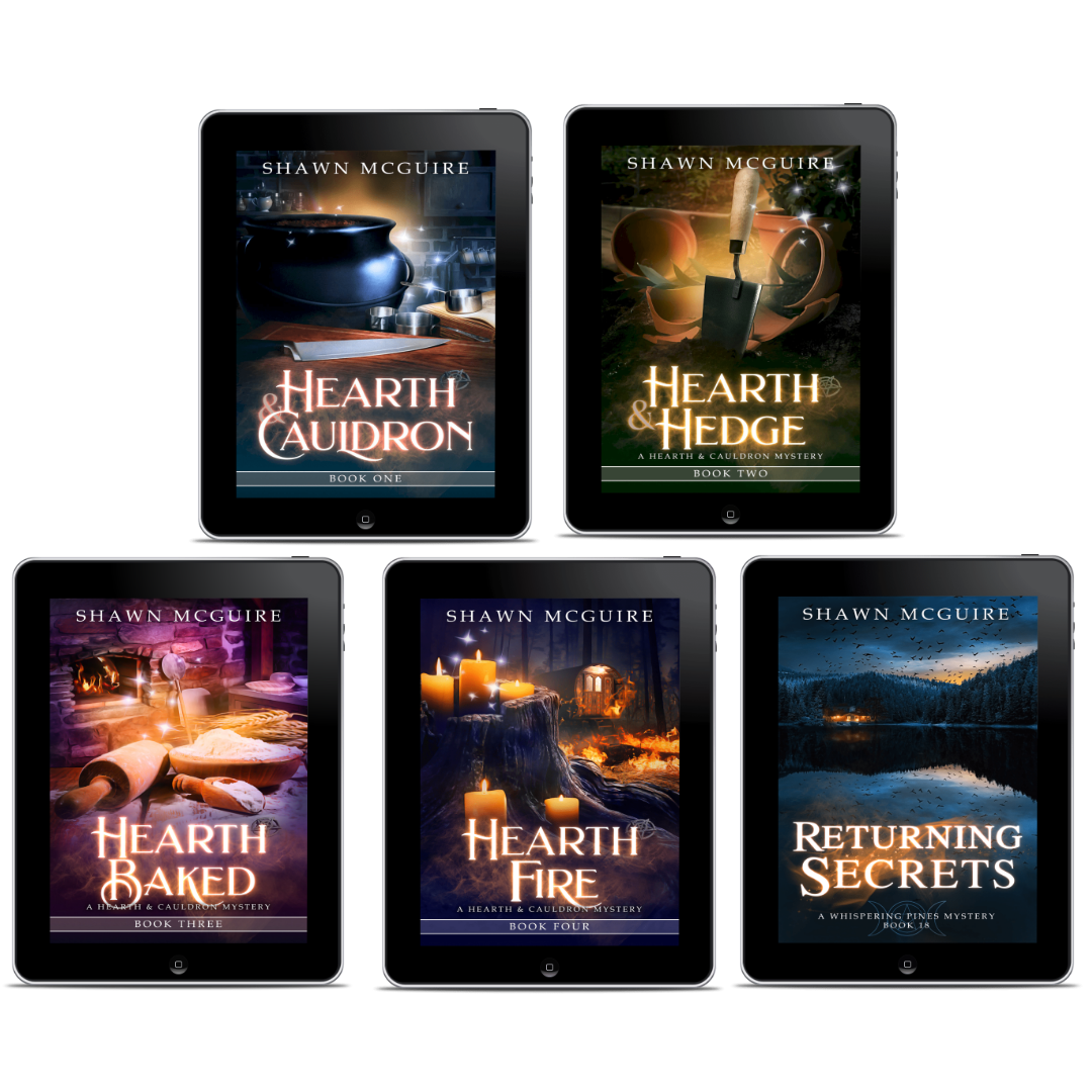 Five book covers from Shawn McGuire's Whispering Pines mysteries series on e-reader devices
