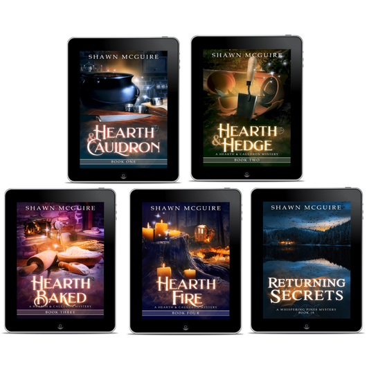 Five book covers from Shawn McGuire's Whispering Pines mysteries series on e-reader devices