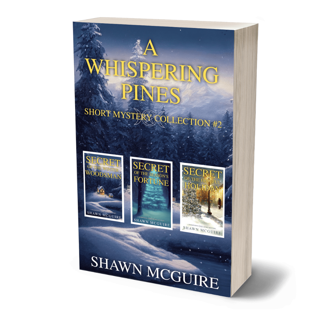 Book cover of 'A Whispering Pines Short Mystery Collection #2' by Shawn McGuire with a snowy forest design.