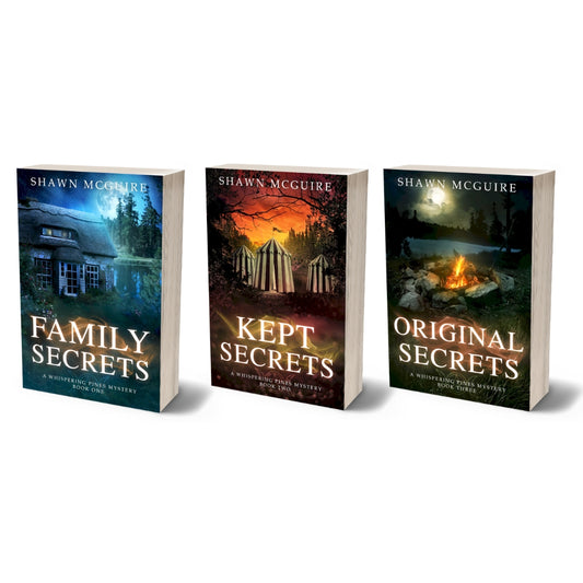 Paperback covers of Shawn McGuire’s 3-book cozy murder mystery series collection books 1-3.
