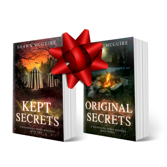 Two books titled 'Kept Secrets' and 'Original Secrets' with a red bow between them on a white background.