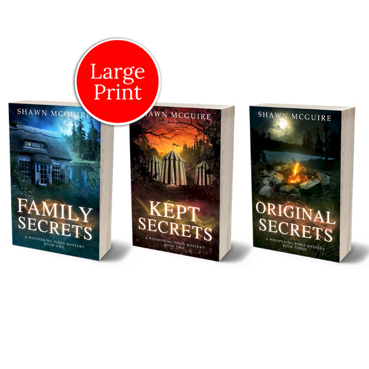 Large print paperback covers of Shawn McGuire’s 3-book cozy murder mystery series collection books 1-3.