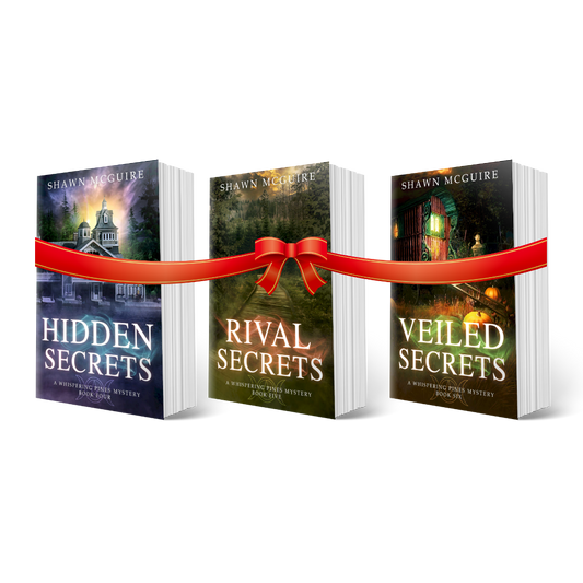 Three books titled 'Hidden Secrets', 'Rival Secrets', and 'Veiled Secrets' by Shawn McGuire tied together with a red ribbon on a white background.