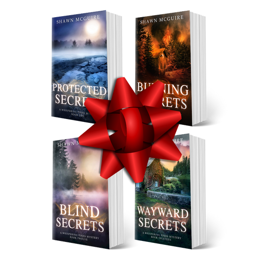Four books titled 'Protected Secrets', 'Burning Secrets', 'Blind Secrets', and 'Wayward Secrets' by Shawn McGuire, with a red bow on a white background.