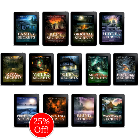E-book covers on e-readers of Shawn McGuire 13-book cozy murder mystery series collection.