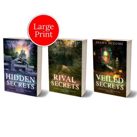 Large print paperback covers of Shawn McGuire’s 3-book cozy murder mystery series collection books 4-6.
